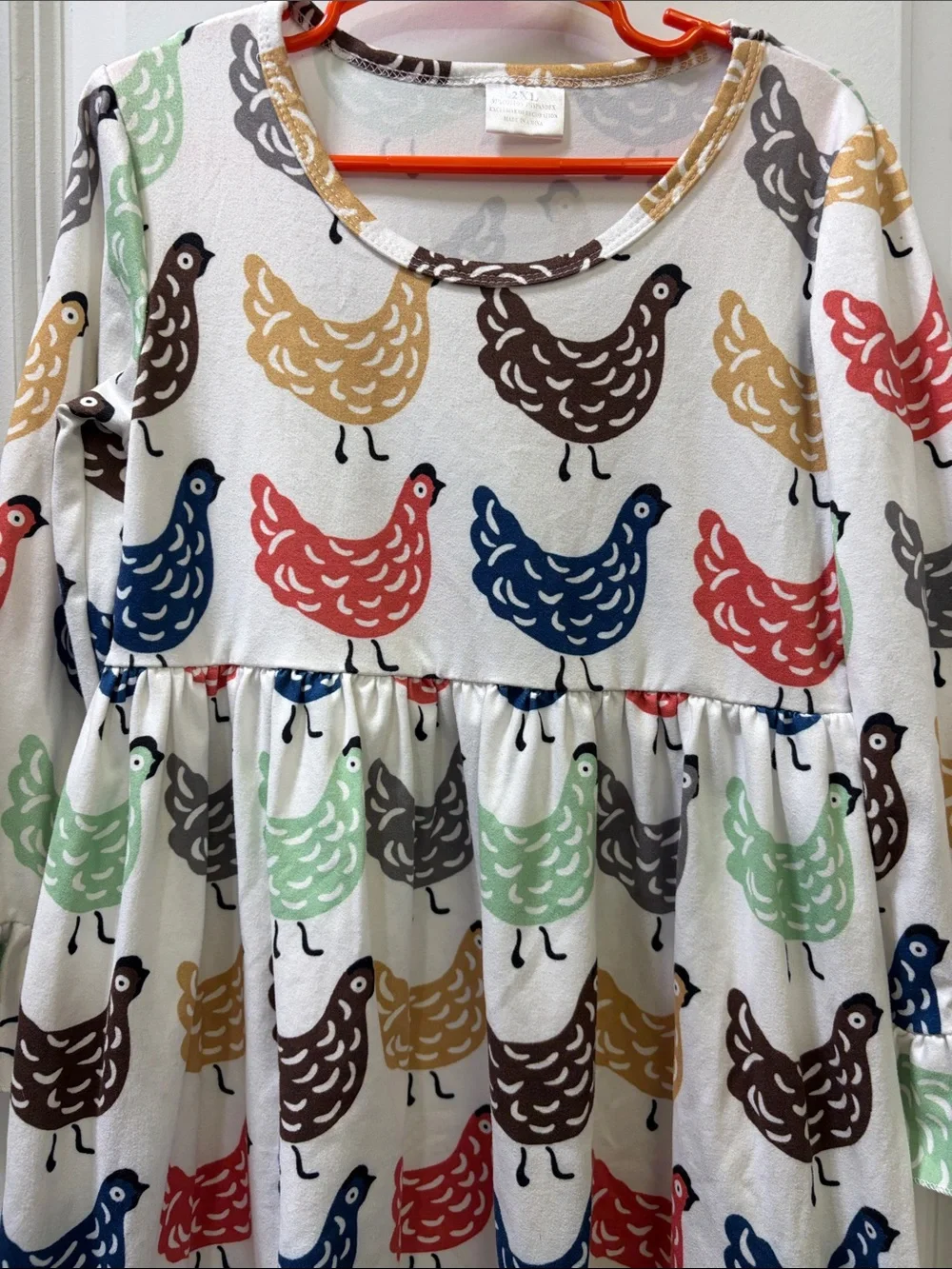 Girls' Hen Print Long Sleeve Dress - White with Multi-Color Hens